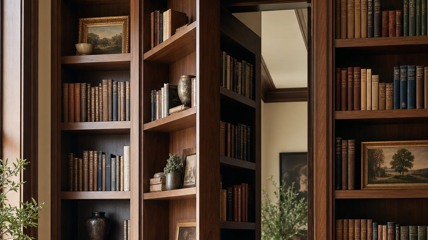 Hidden bookcase door swung open revealing a concealed room