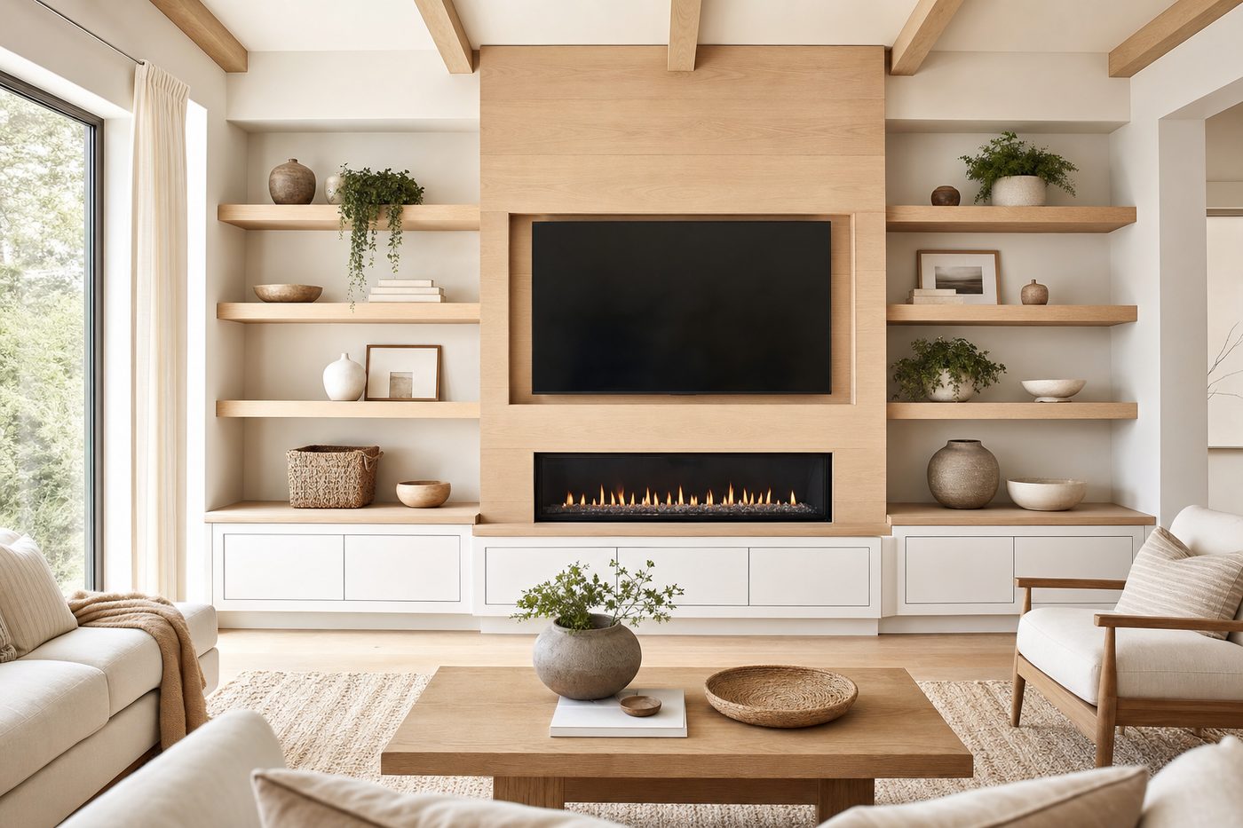 Custom white oak built-in entertainment center with a painted base surrounding a linear fireplace