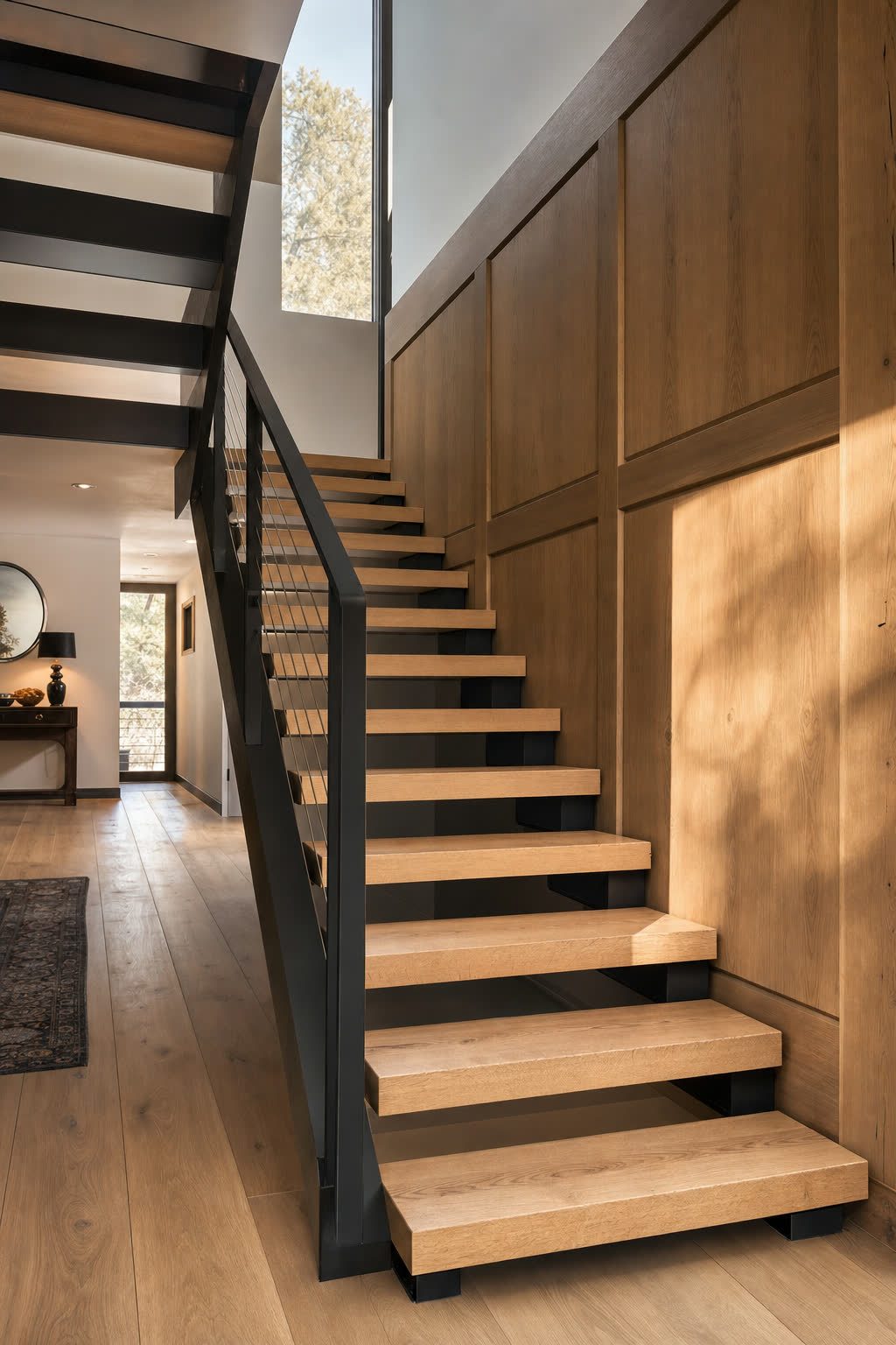 Custom white oak floating-tread staircase with blackened steel railing and paneled millwork