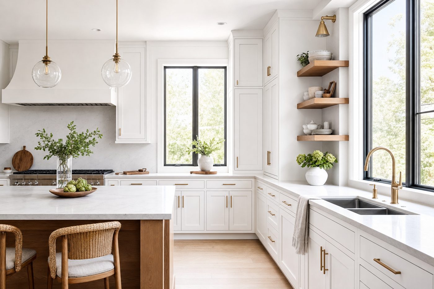 Modern kitchen with crisp painted-white full-overlay cabinet doors and drawer fronts